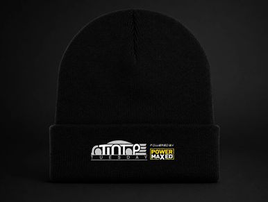 Black beanie with white and yellow logo reading 'Stntpe Tuesday powered by Power Maxed'.