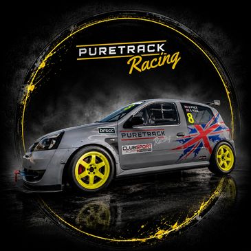 Race car with Union Jack design and yellow wheels, branded Puretrack Racing.