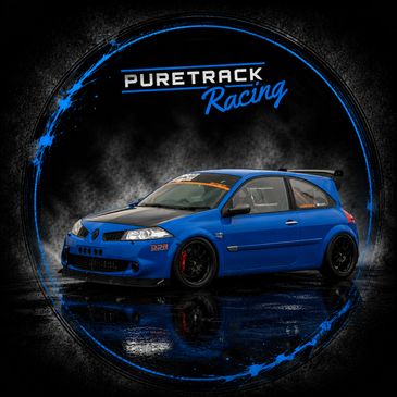 Blue racing car with Puretrack Racing logo on black background.