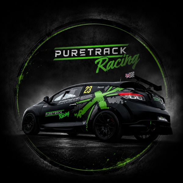 Sleek black and green race car with Puretrack Racing branding.