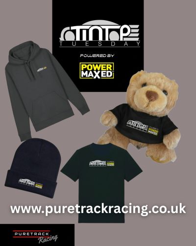 PureTrack Racing merchandise including hoodie, t-shirt, beanie, and teddy bear with logos.