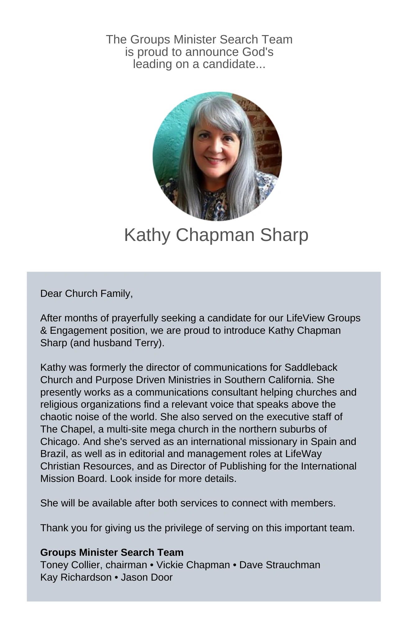 Announcement of Kathy Chapman Sharp as candidate for LifeView Groups &amp; Engagement position.