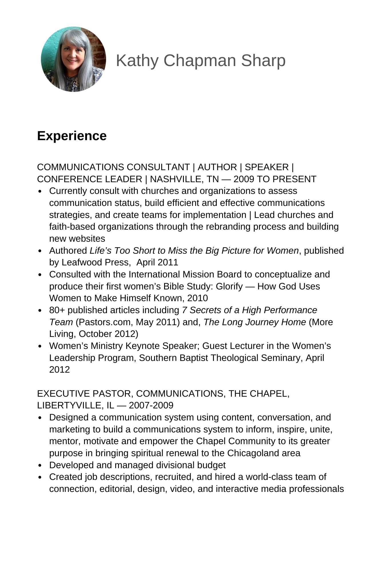 Professional resume excerpt showing Kathy Chapman Sharp's communication and leadership experience.