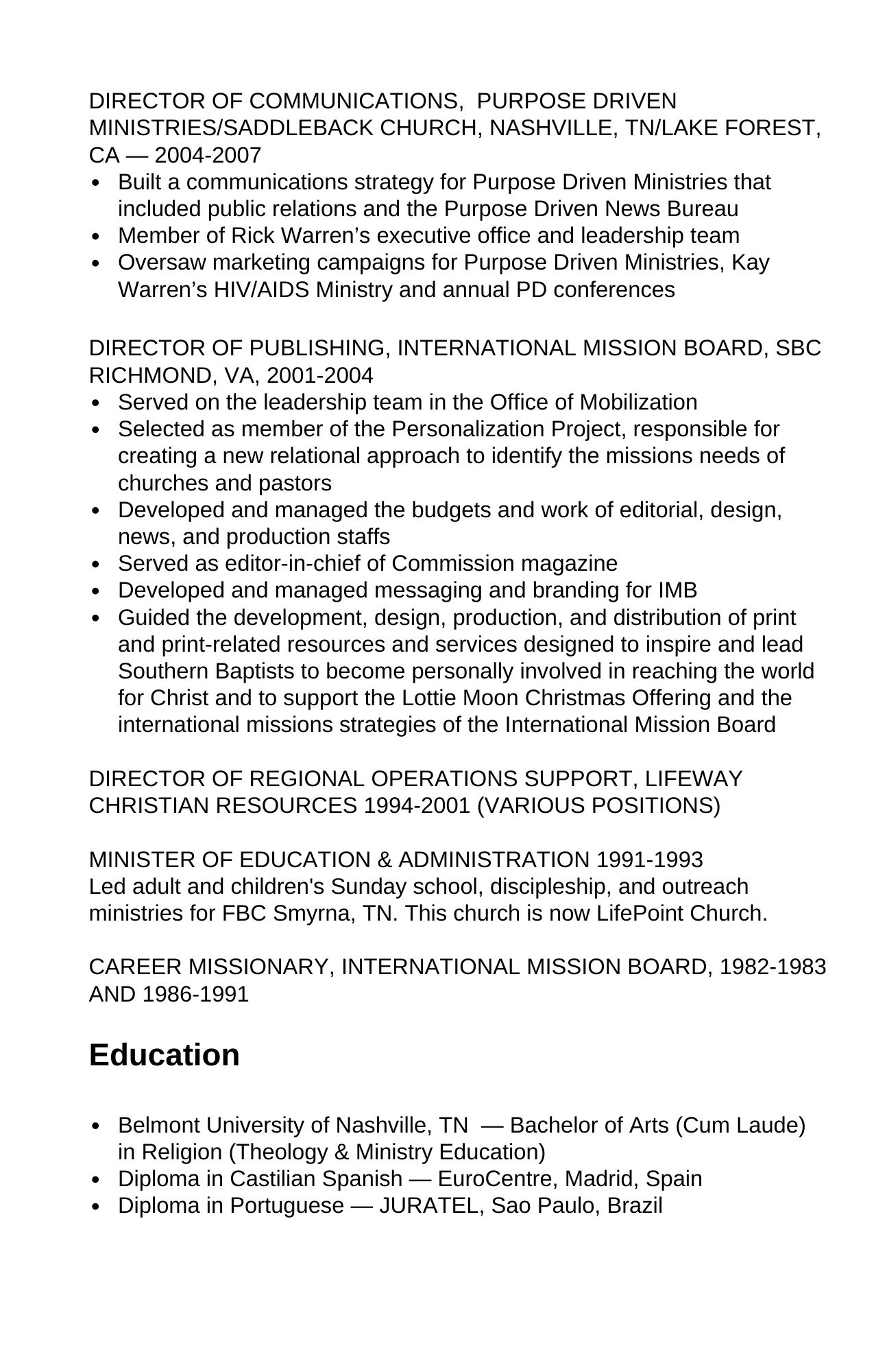 Professional experience and education summary focused on communications, publishing, ministry, and language diplomas.