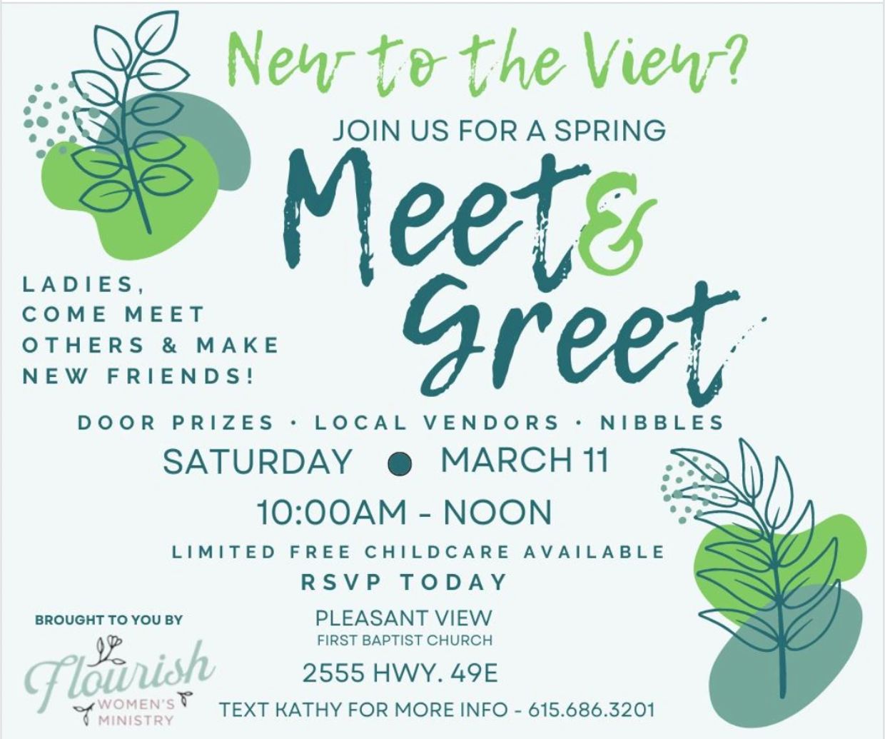 Spring Meet &amp; Greet for ladies at Pleasant View First Baptist Church with door prizes and local vendors.