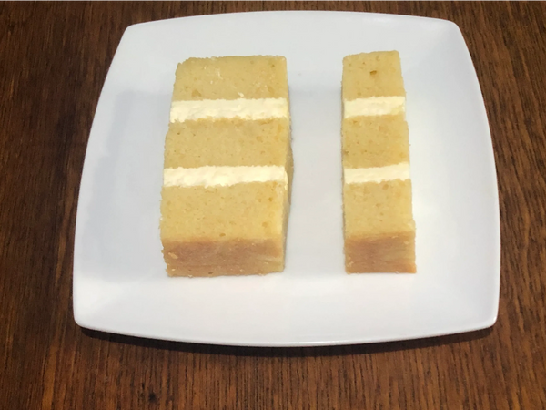 1" x 2" and 1" x 1" Cake slices on a plate on a table