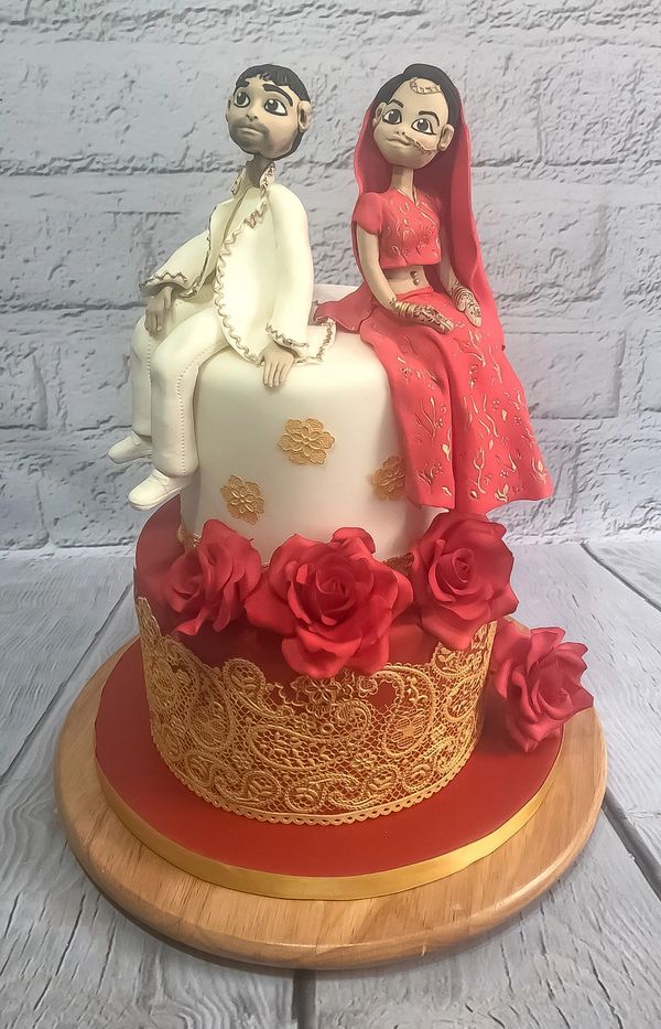 2-Tier mendhi-wedding cake with sugar roses, edible lace and sugar paste bride and groom