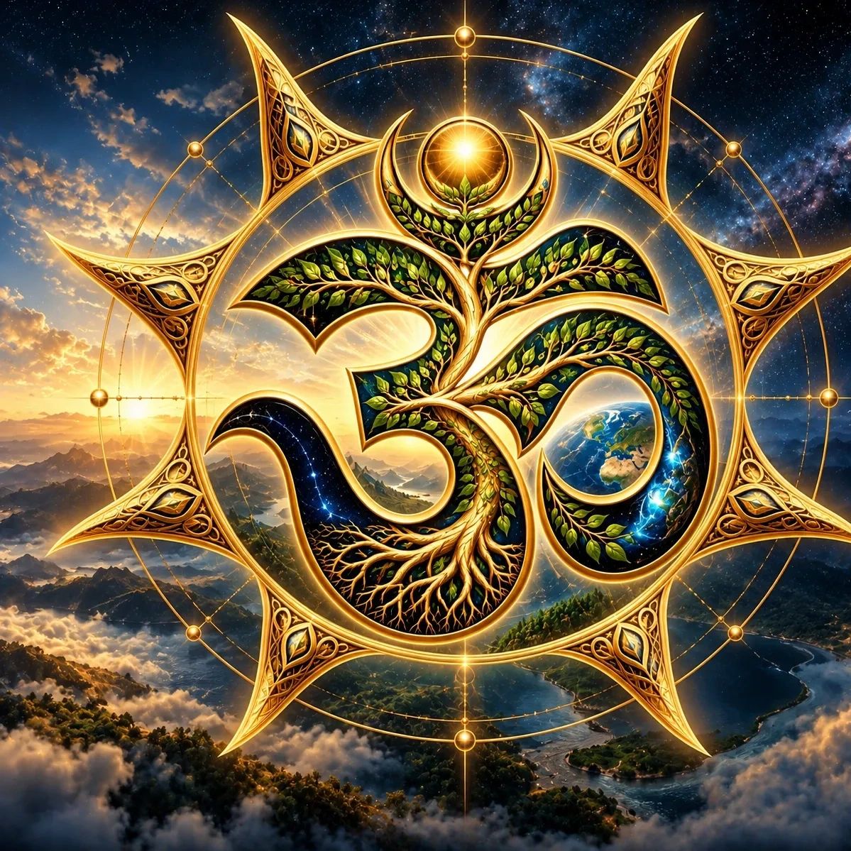 Golden Om symbol with nature and cosmic elements.