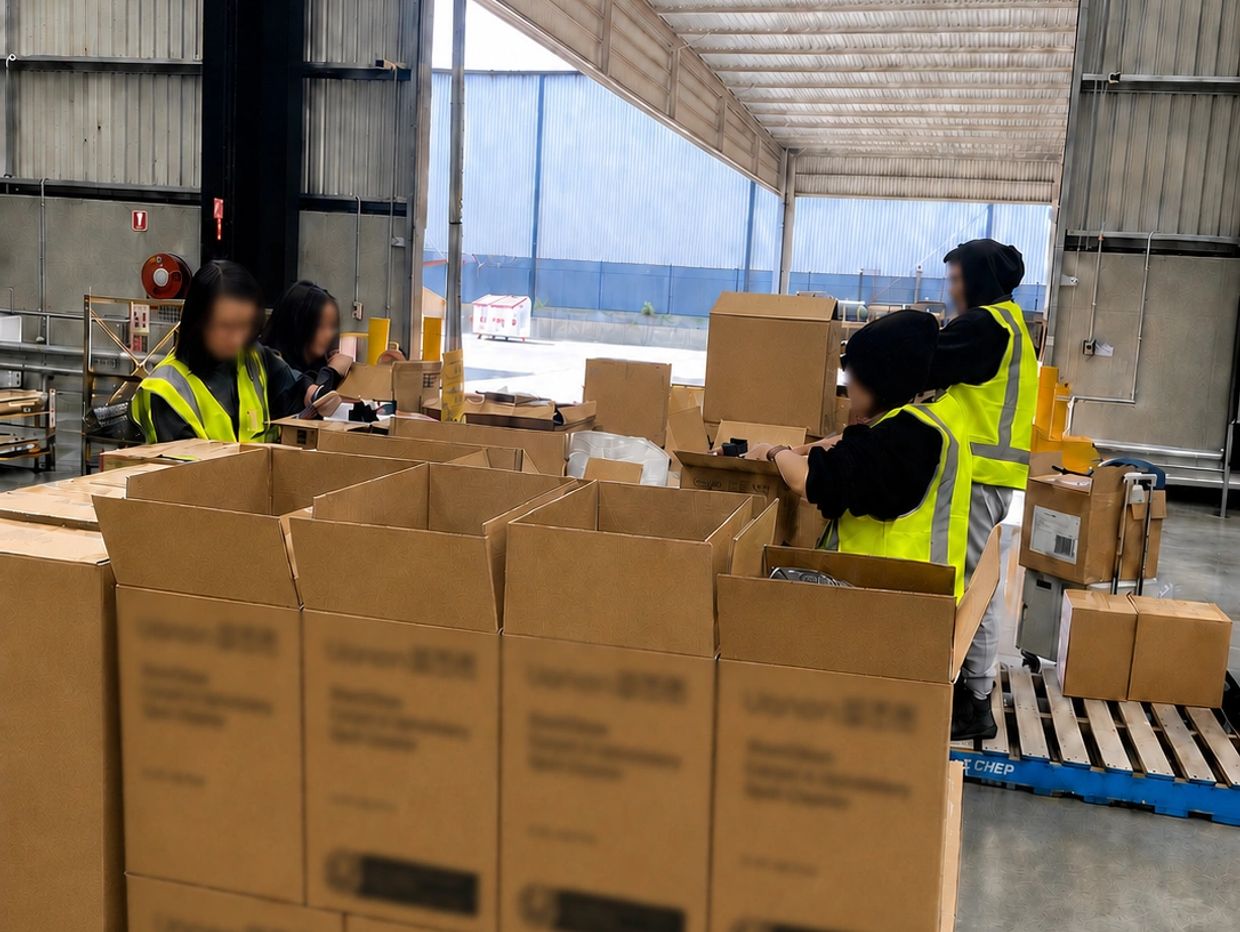 Warehouse workers in safety vests sorting boxes on pallets.