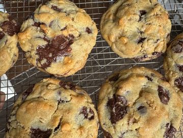 A thick, gooey Levain-style cookie loaded with melty dark chocolate, sweet butterscotch, and crunchy