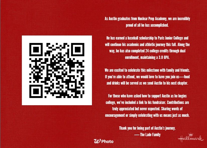 Graduation announcement with QR code and message from Lade family on red background.