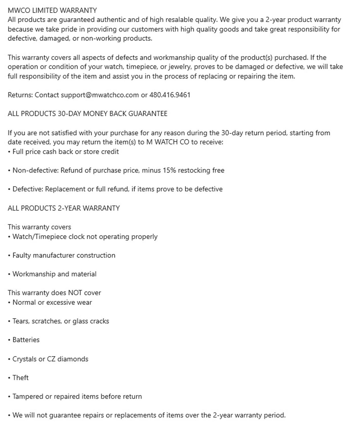 MWCO product warranty details including 2-year warranty and 30-day return policy.