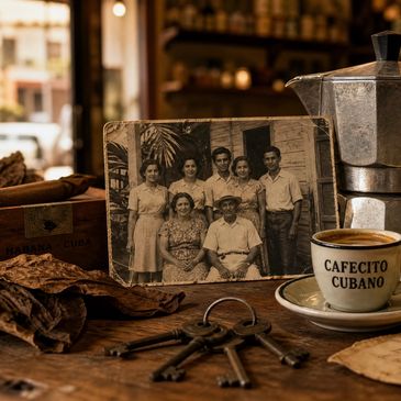 Vintage Cuban family photo with coffee cup and old keys.