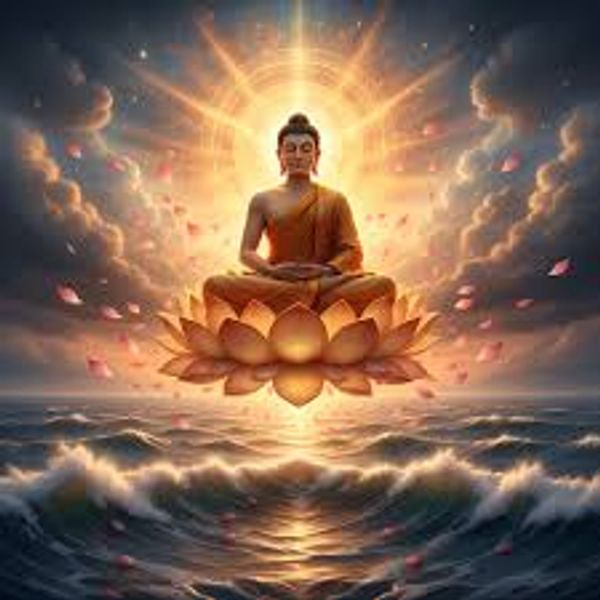 Buddha meditating on a glowing lotus above the ocean at sunrise.