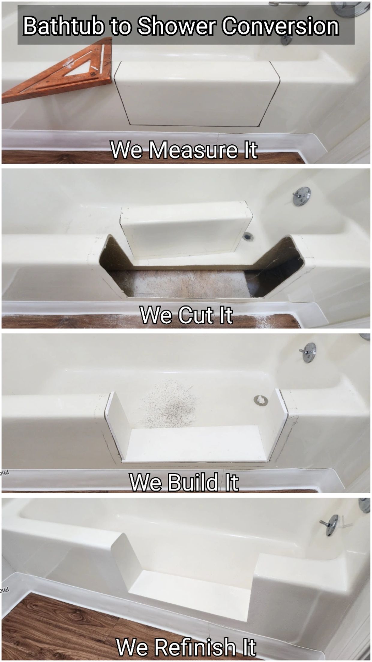 Step-by-step bathtub to shower conversion process.