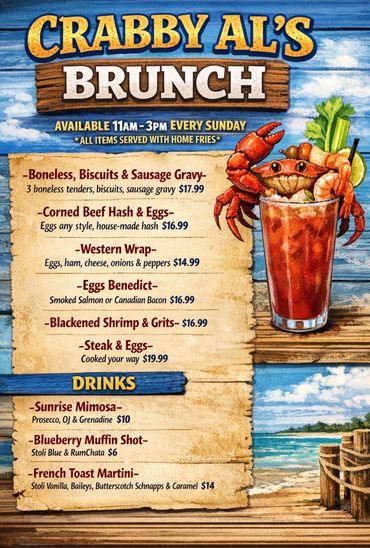 Crabby Al's brunch menu with seafood and classic dishes, plus drinks.
