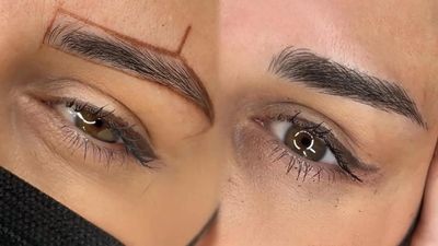 Before and after eyebrow microblading transformation.