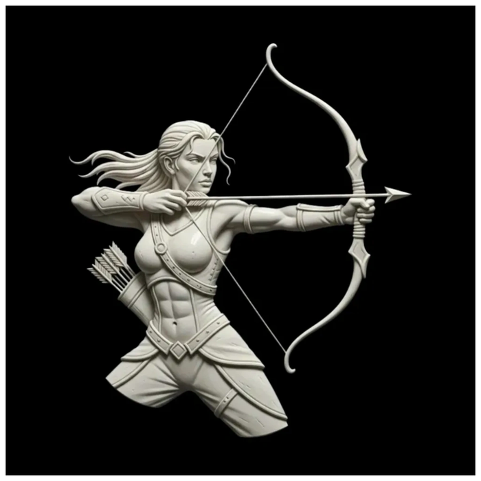 Sculpture of a female archer aiming with bow and arrow.