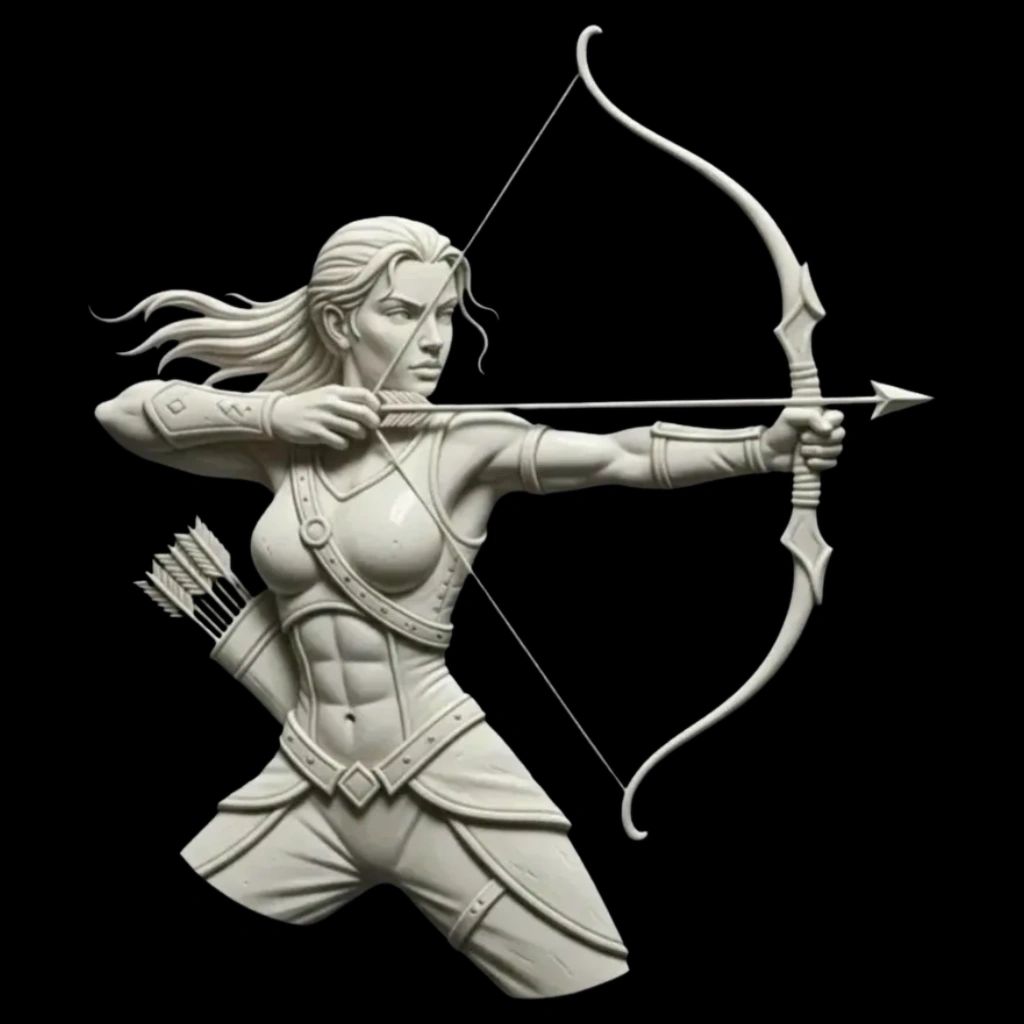 Sculpture of a female archer aiming with bow and arrow.