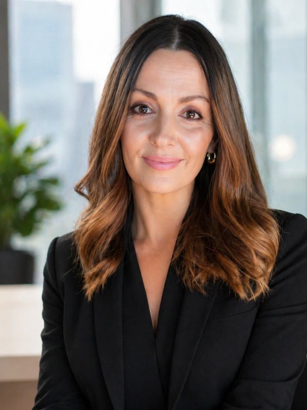 Confident woman with wavy brown hair wearing a black blazer.