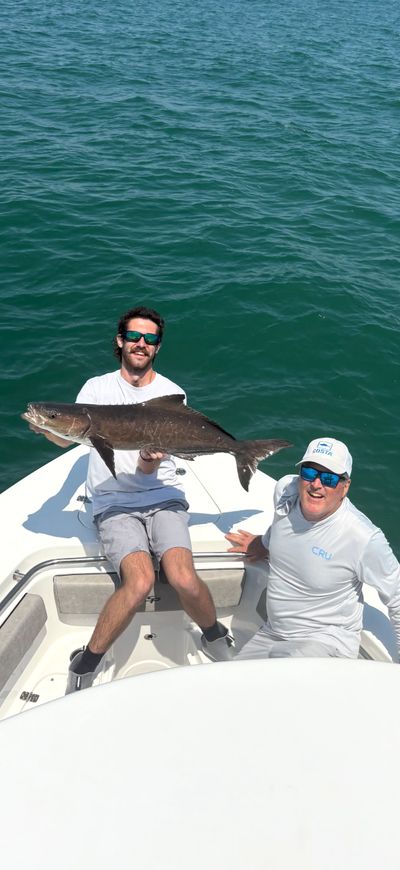 Two men on a boat holding a large fish they caught.