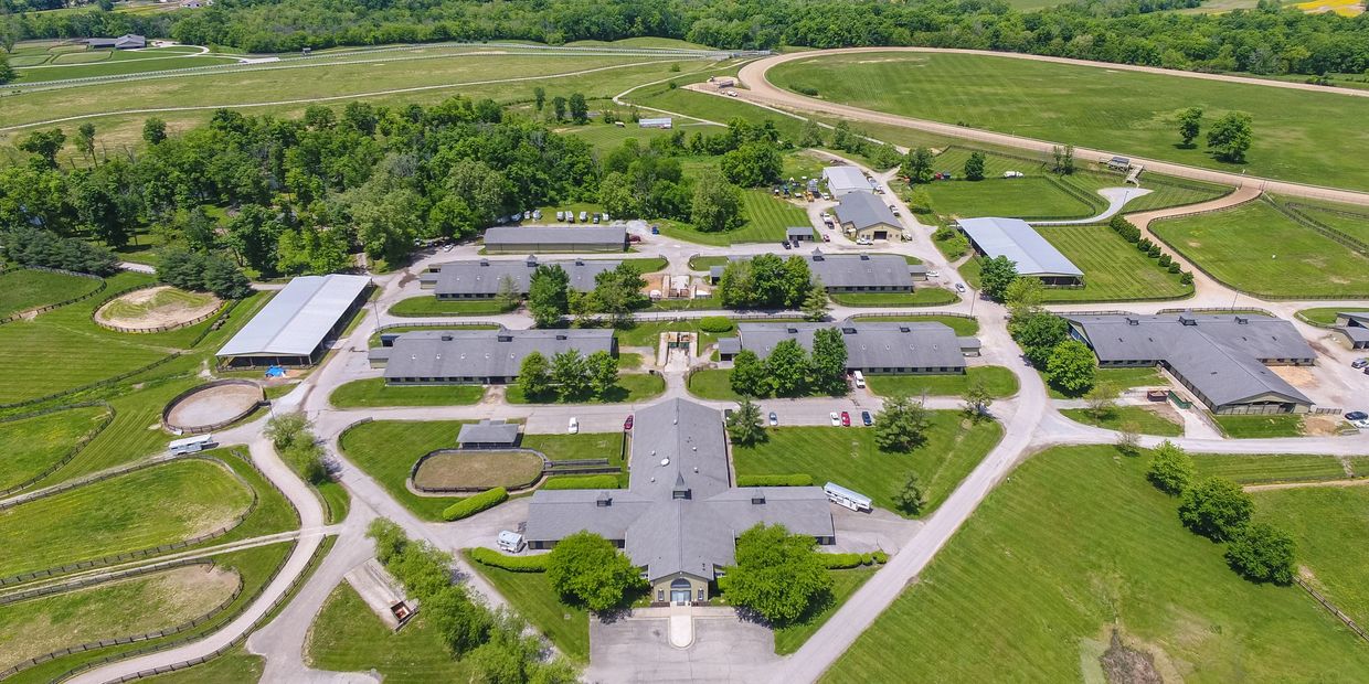 overhead view of the farm, barns, training facilities and racetrack