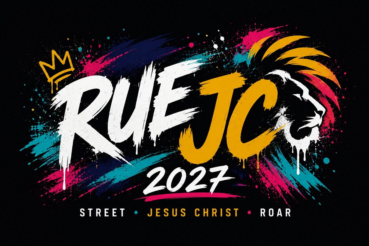 Logo coloré avec texte "RUE JC 2027" et un lion.