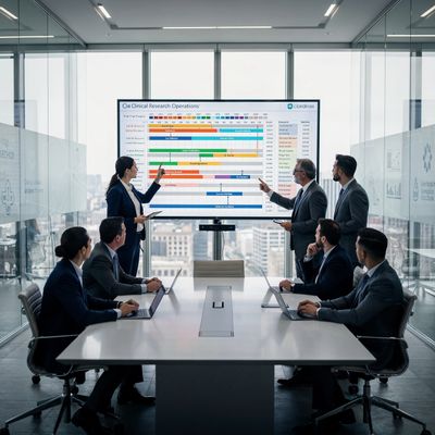 Business team reviewing a colorful project timeline on a large screen in a modern conference room.