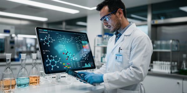 Scientist analyzing molecular structures on digital screens in a lab.