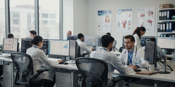 Medical professionals collaborating in a modern office with multiple computer screens.