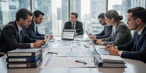 Business team in a meeting analyzing financial data in a modern office.