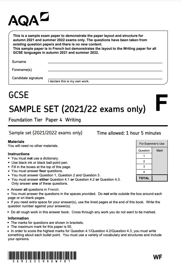 AQA GCSE FRENCH CHANGES FOR 2022 WRITING EXAM