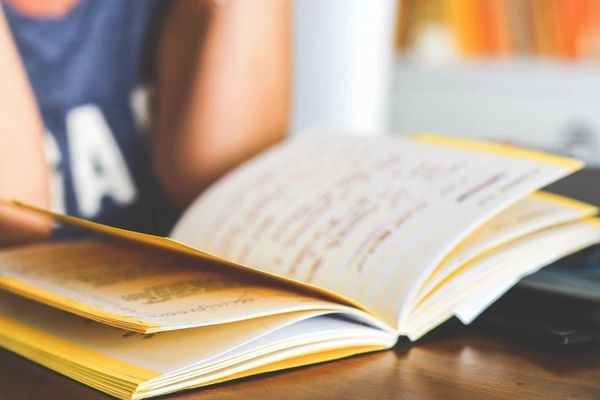 A person reading a book on the table