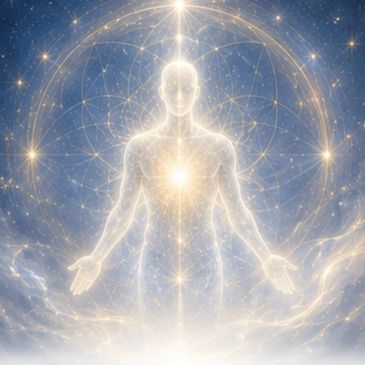 Glowing human figure surrounded by cosmic light and energy.