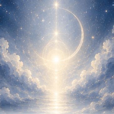 A glowing crescent and star in a starry sky above clouds.