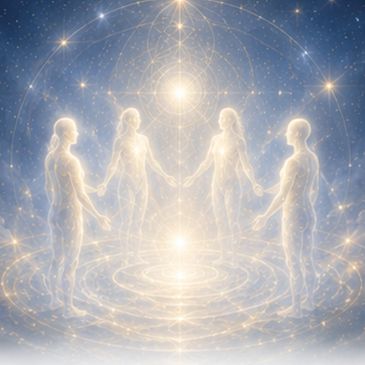 Four glowing humanoid figures in a cosmic light circle.