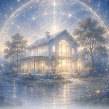 A luminous house surrounded by a magical glowing sphere at night.