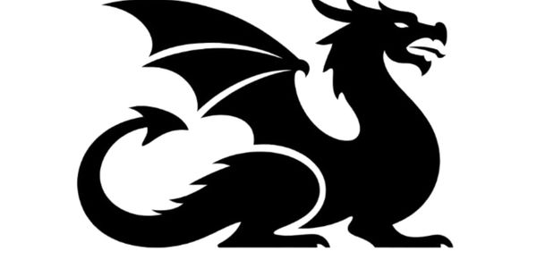 A black silhouette of a dragon with wings and a curled tail.