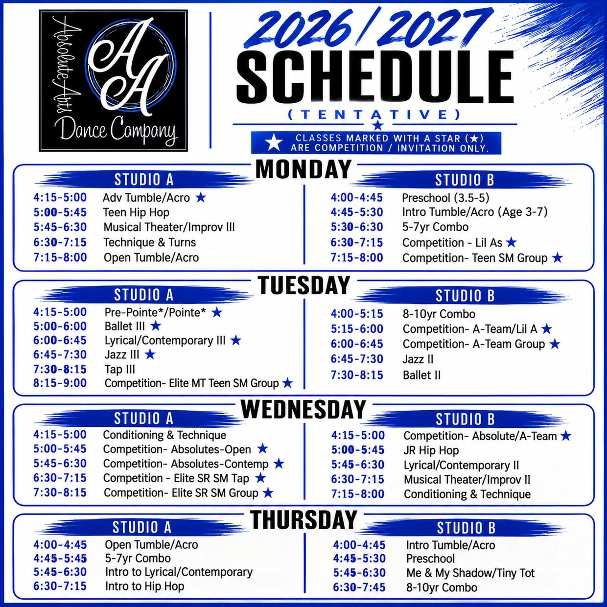 2026/2027 dance class schedule for Absolute Arts Dance Company by day and studio.