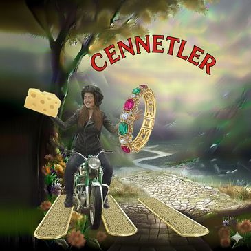 Woman on a motorcycle holding cheese with a ring and the word 'CENNETLER'.