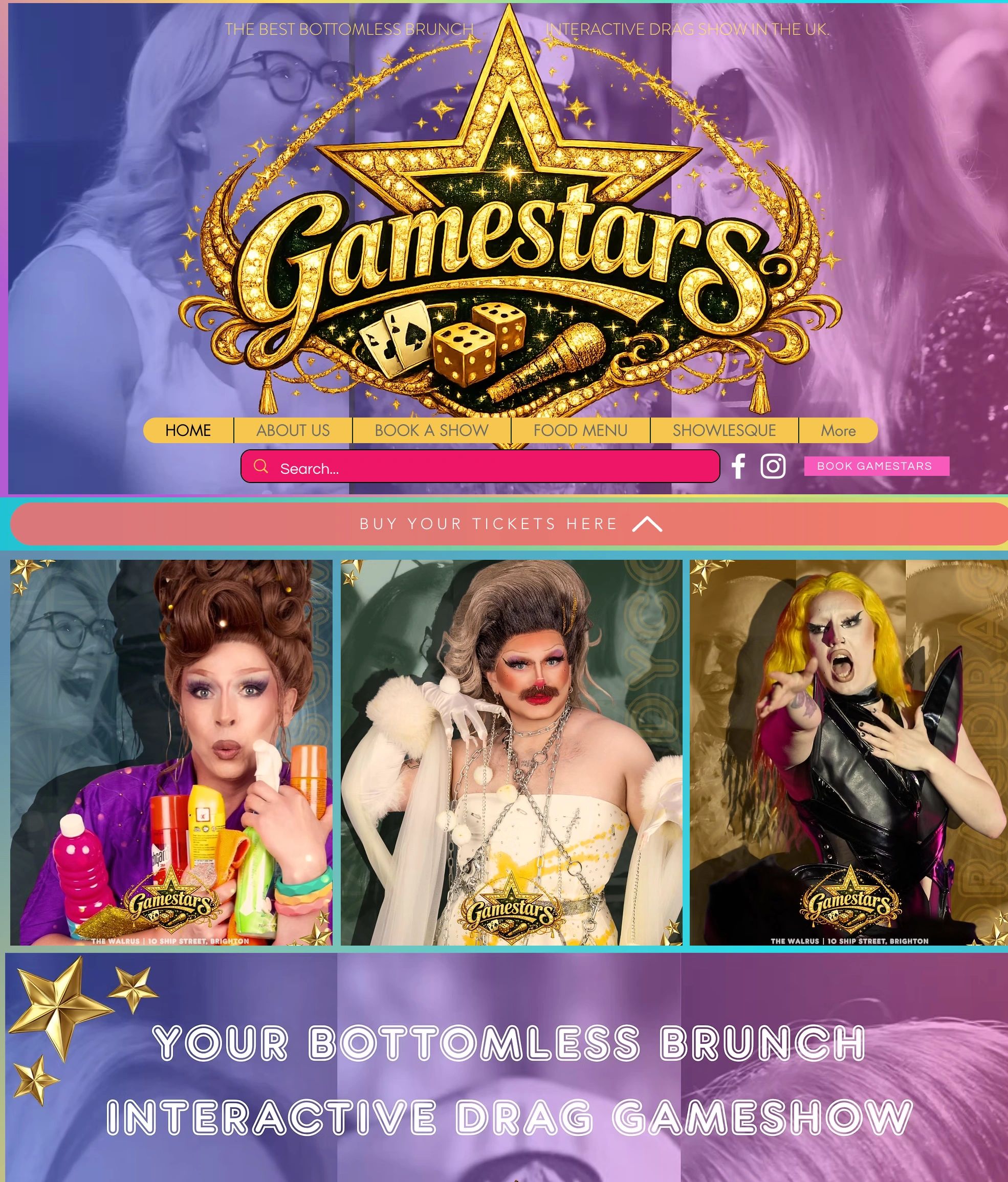 Gamestars logo with drag performers promoting interactive drag gameshow brunch in Brighton.