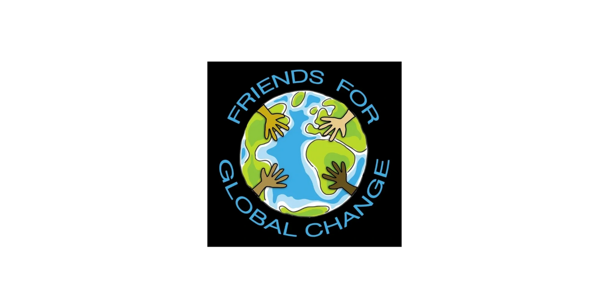 Illustration of Earth with diverse hands and text 'Friends for Global Change'.