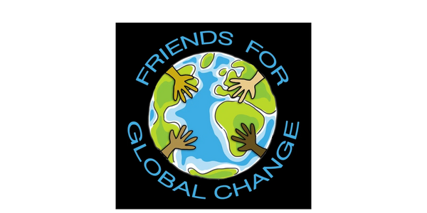 Illustration of Earth with diverse hands and text 'Friends for Global Change'.