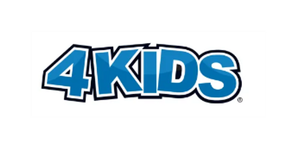 Logo with bold blue text saying '4KIDS'.