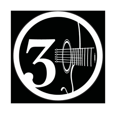 A white number 3 and guitar strings inside a circular frame on black background.