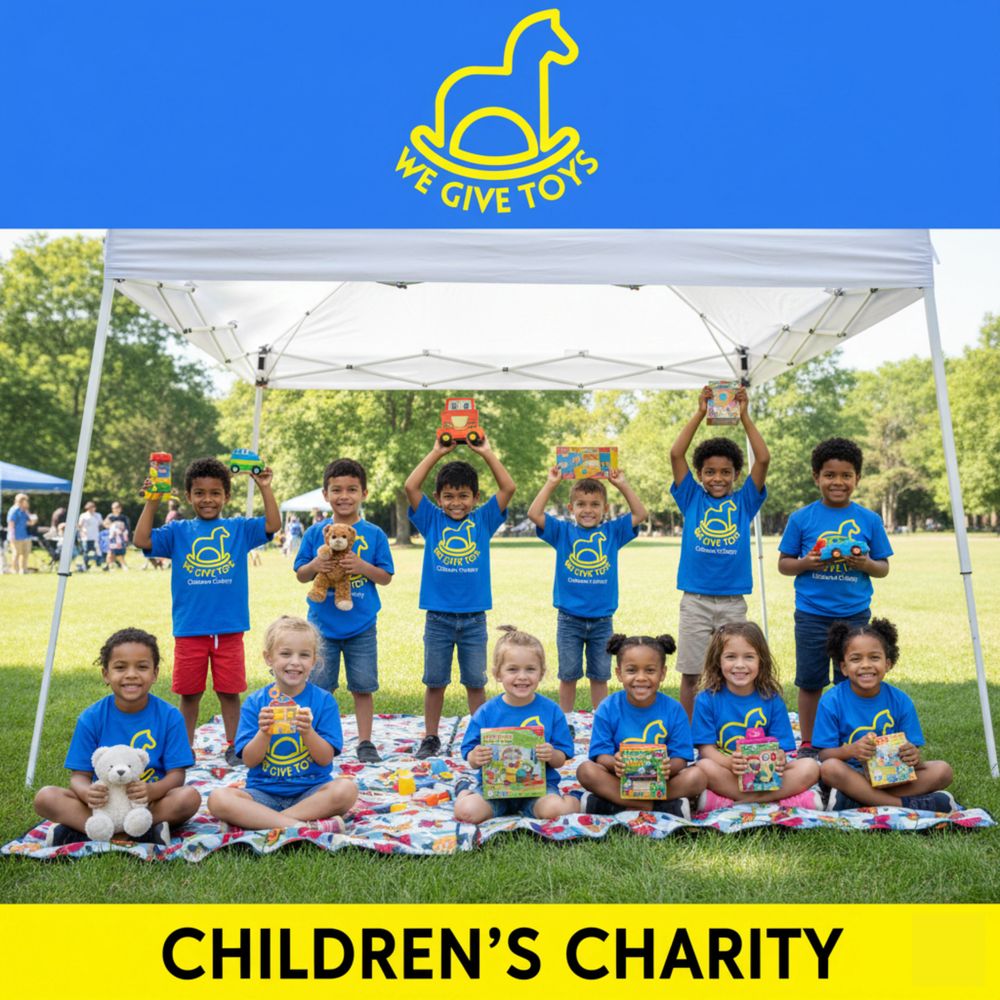Children holding toys under a tent for a charity event.