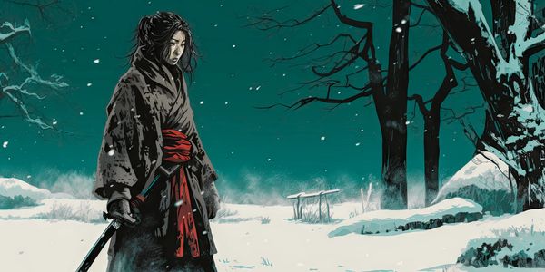 pyrrhic victory — a lone sword-bearing figure stands in a snowy teal landscape.