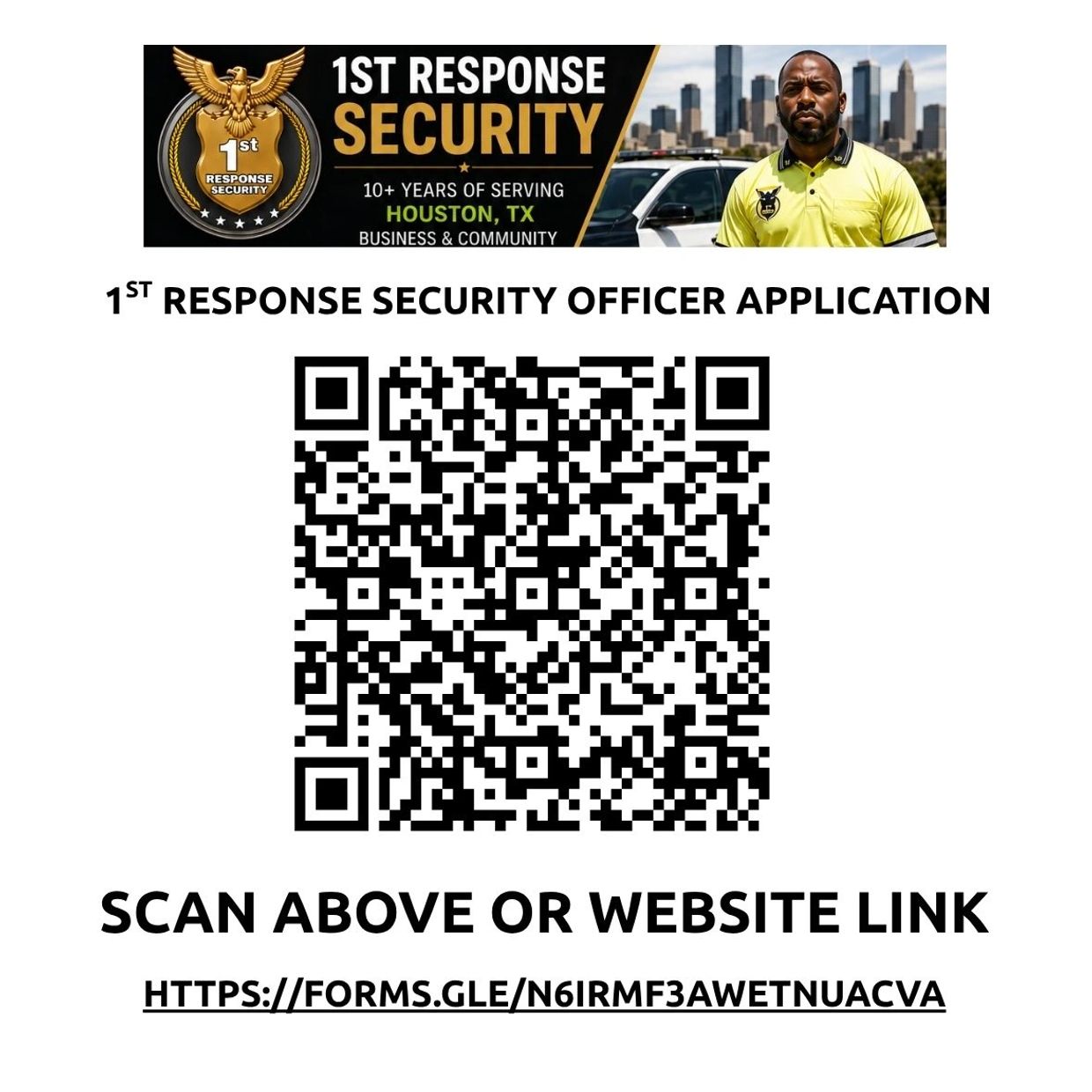 1st Response Security officer application QR code with city skyline and officer image.