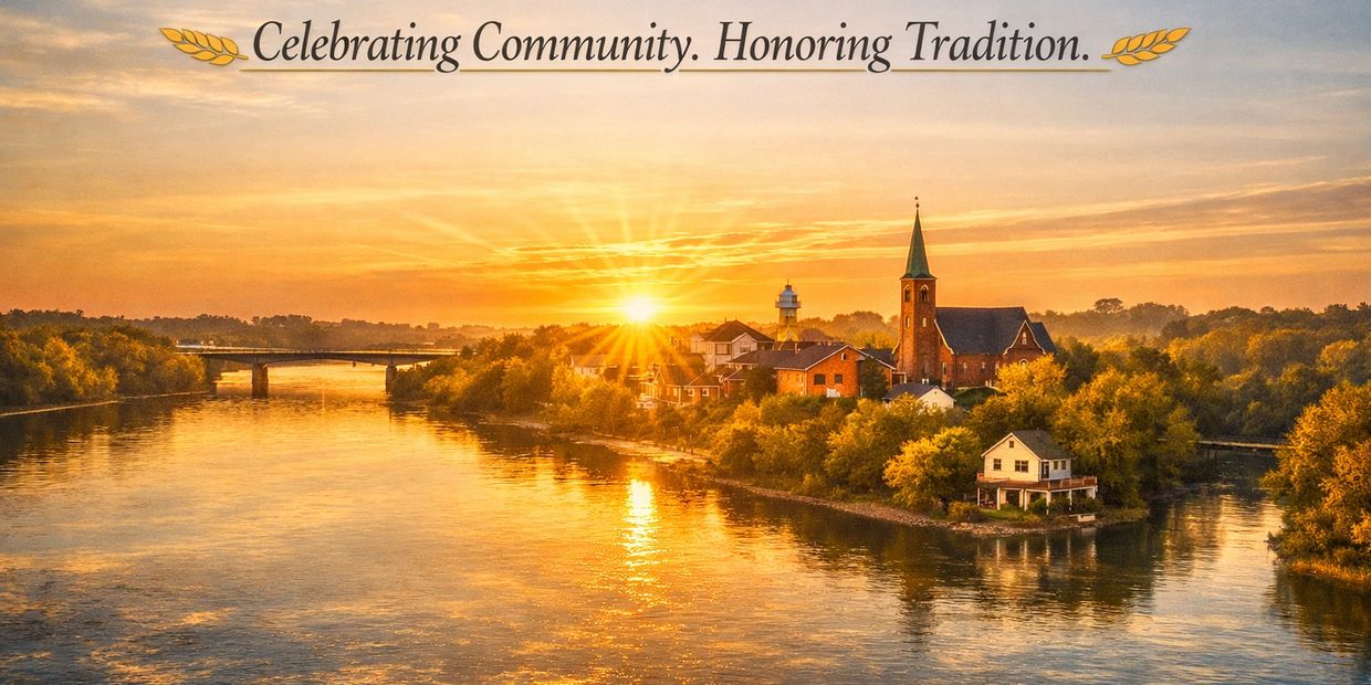 Sunset over a riverside town with community message.