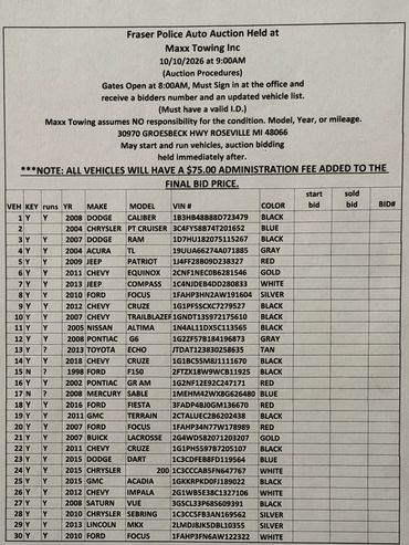 Fraser Police Auto Auction list with vehicle details and bidding info.